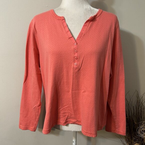 Basic Editions Women Long Sleeve Henley Top Blouse Pink Salmon 100% Cotton Sz 1X - Picture 1 of 5